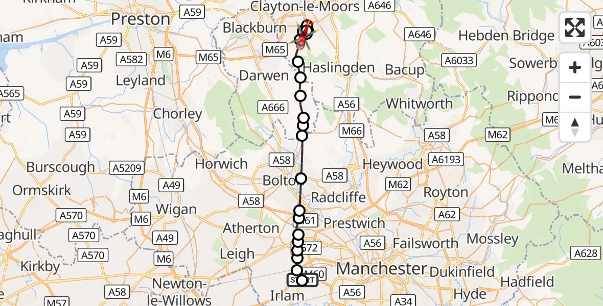 Flight route Air Ambulance Helicopter Manchester Barton Aerodrome - Oswaldtwistle, 26 September 2026, 07:54