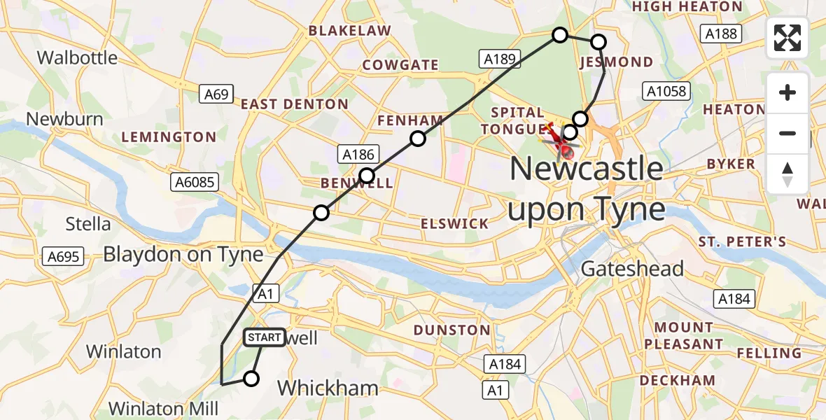 Flight route Air Ambulance Helicopter Gateshead - Newcastle Royal Victoria Infirmary, 26 September 2026, 08:09