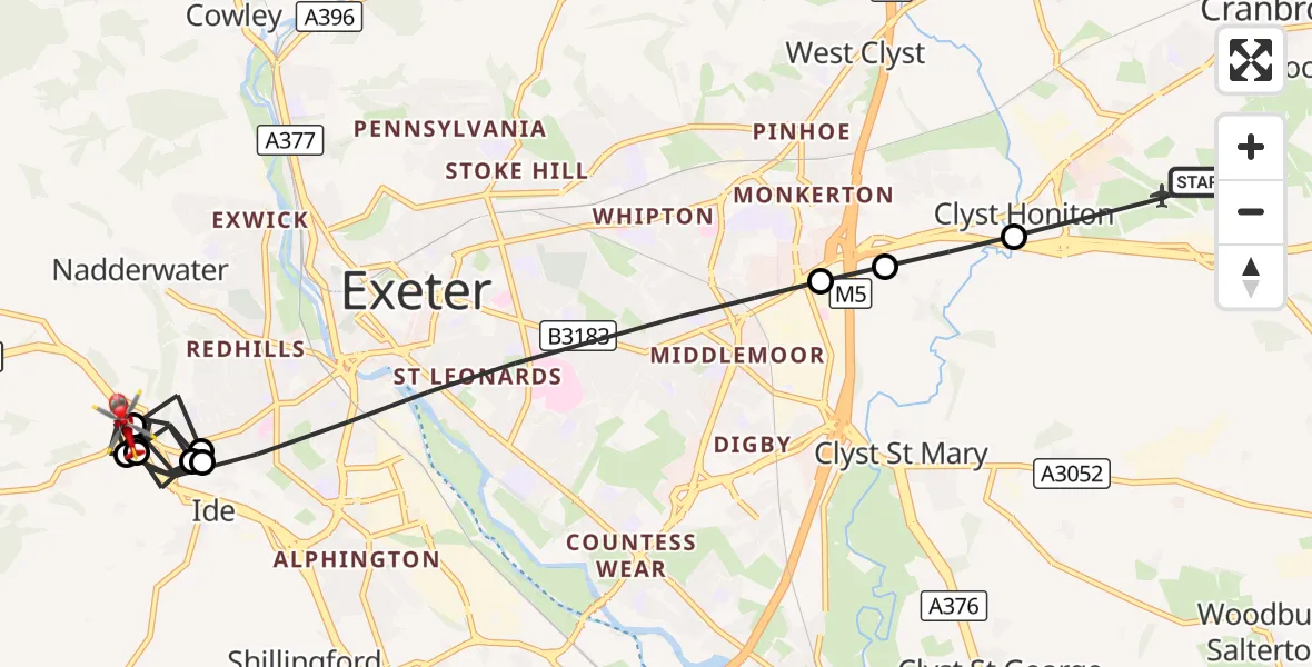 Flight route Air Ambulance Helicopter Exeter International Airport - Whitestone, 26 September 2026, 08:44