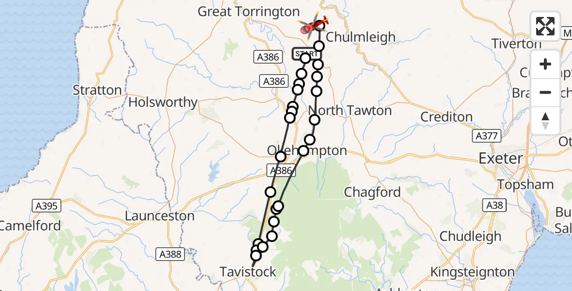Flight route Air Ambulance Helicopter Riddlecombe - Burrington, 26 September 2026, 08:45