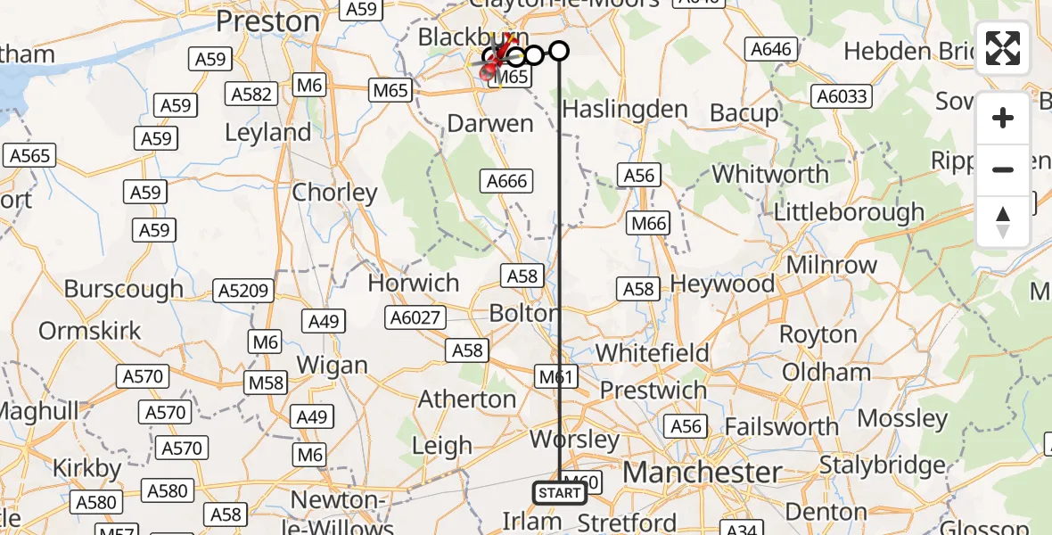Flight route Air Ambulance Helicopter Manchester Barton Aerodrome - Blackburn, 26 September 2026, 08:51