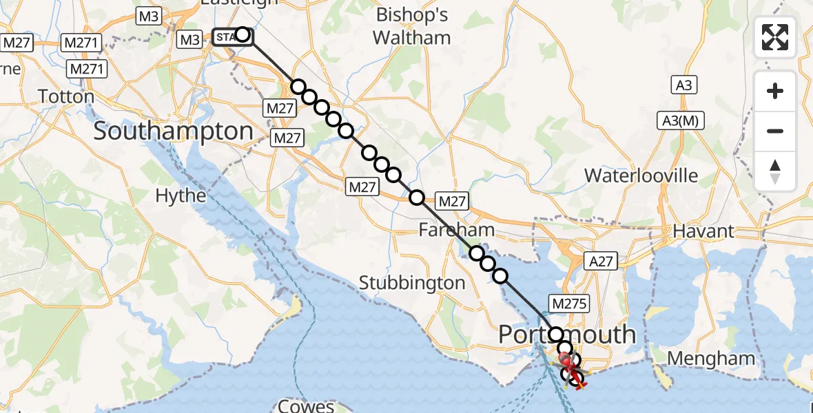 Flight route Air Ambulance Helicopter Southampton Airport - Southsea, 26 September 2026, 09:07