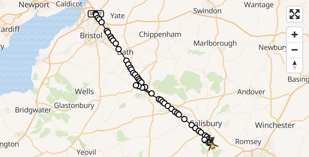 Flight route Police Helicopter Almondsbury Helicopter Base - Downton, 26 September 2026, 09:08