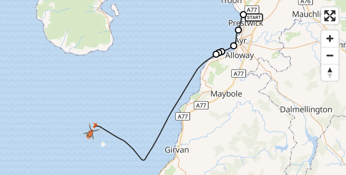 Flight route Coastguard Helicopter Glasgow Prestwick Airport - Inner Seas, 26 September 2026, 09:14