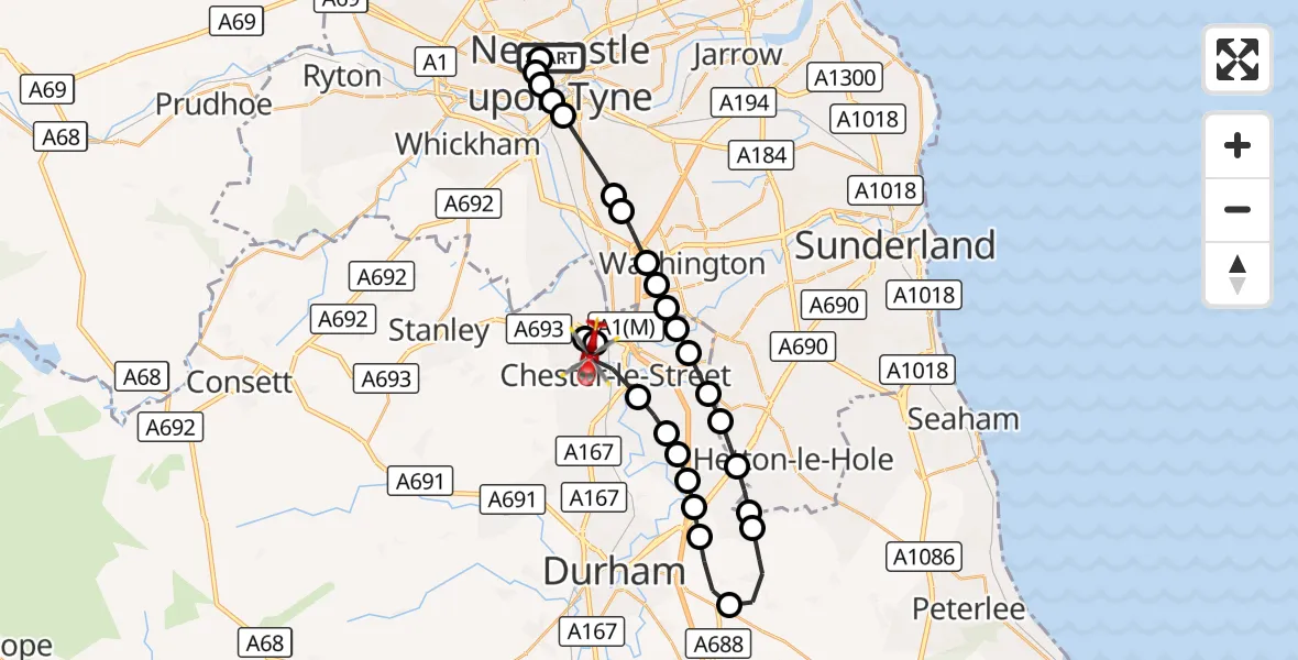 Flight route Air Ambulance Helicopter Newcastle Royal Victoria Infirmary - Chester-le-Street, 26 September 2026, 09:15