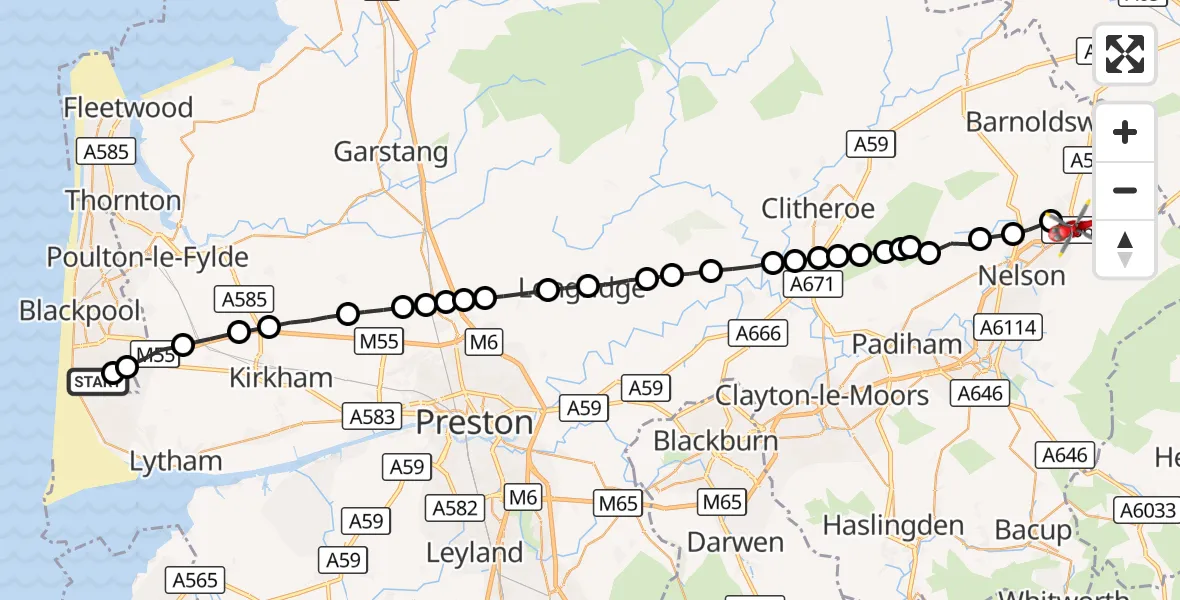 Flight route Air Ambulance Helicopter Blackpool Airport - Colne, 26 September 2026, 09:20