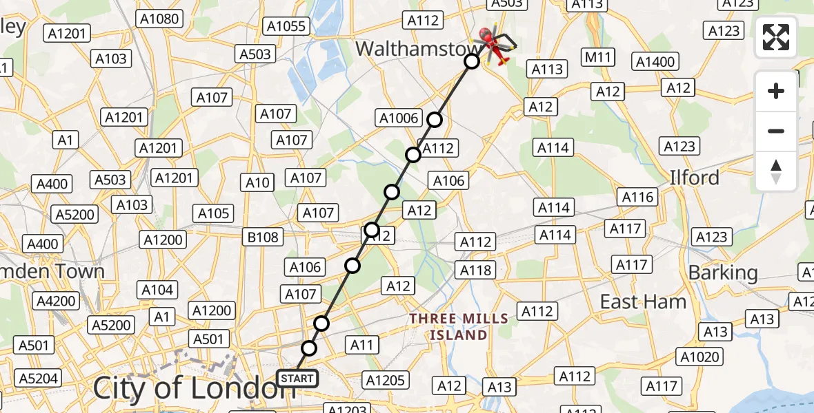 Flight route Air Ambulance Helicopter Royal London Hospital - Walthamstow, 26 September 2026, 09:31