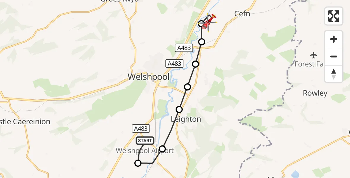 Flight route Air Ambulance Helicopter Welshpool Airport - Cefn, 26 September 2026, 09:34