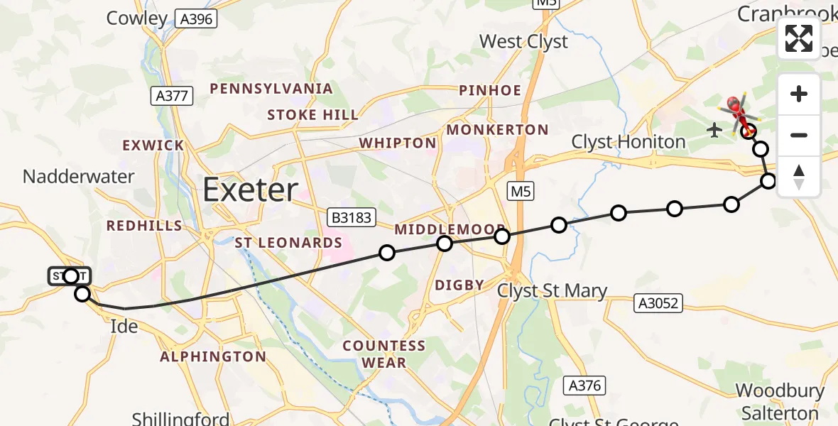 Flight route Air Ambulance Helicopter Nadderwater - Exeter International Airport, 26 September 2026, 09:40