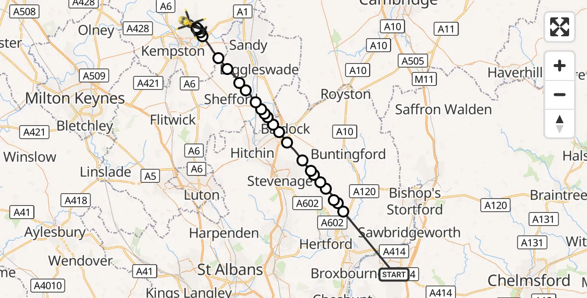 Flight route Police Helicopter Harlow - Ravensden, 26 September 2026, 09:49