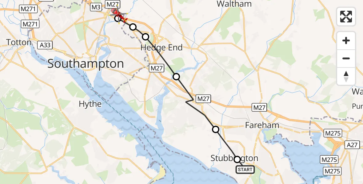 Flight route Air Ambulance Helicopter Solent Airport - Mansbridge, 26 September 2026, 09:54