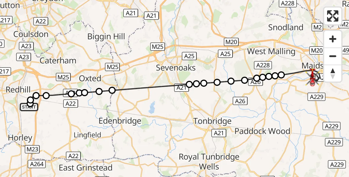 Flight route Air Ambulance Helicopter Redhill Aerodrome - Maidstone, 26 September 2026, 10:01
