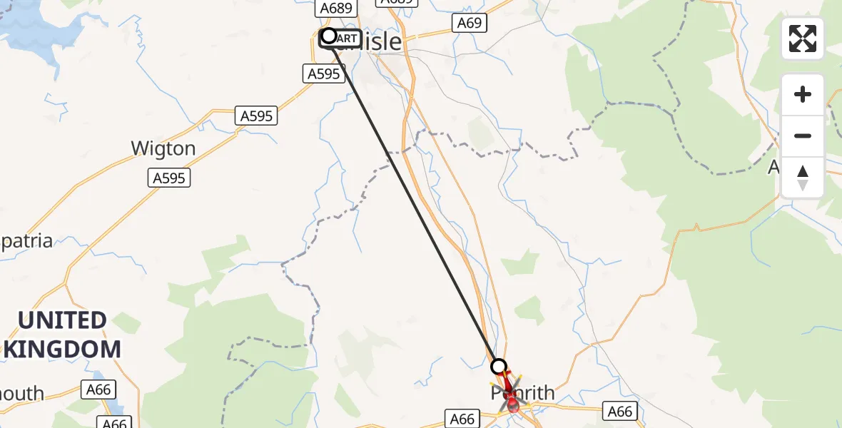 Flight route Air Ambulance Helicopter Carlisle General - Penrith, 26 September 2026, 10:09