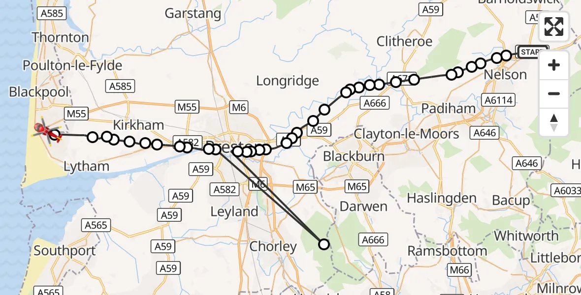 Flight route Air Ambulance Helicopter Colne - Blackpool Airport, 26 September 2026, 10:12