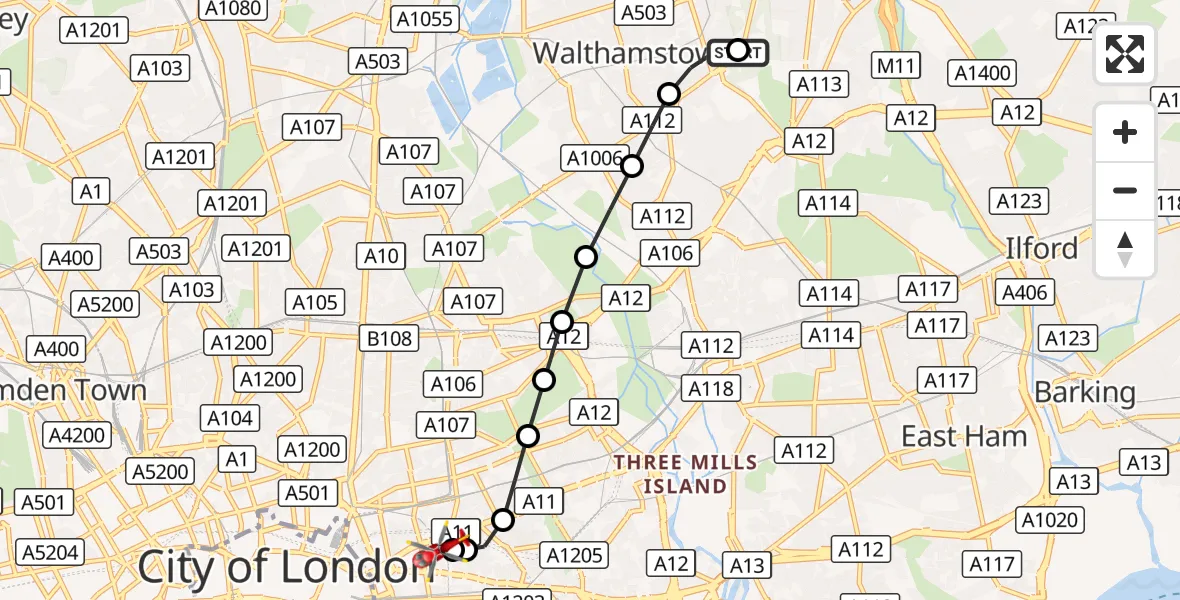Flight route Air Ambulance Helicopter Waltham Forest - Royal London Hospital, 26 September 2026, 10:15