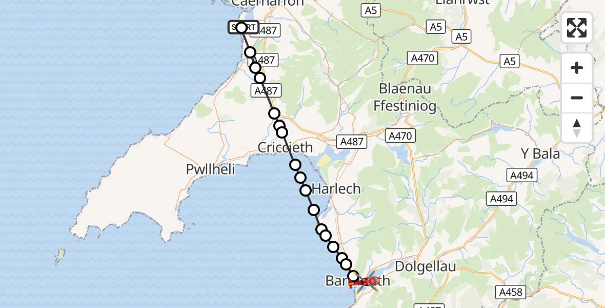 Flight route Air Ambulance Helicopter Caernarfon Airport - Barmouth, 26 September 2026, 10:22