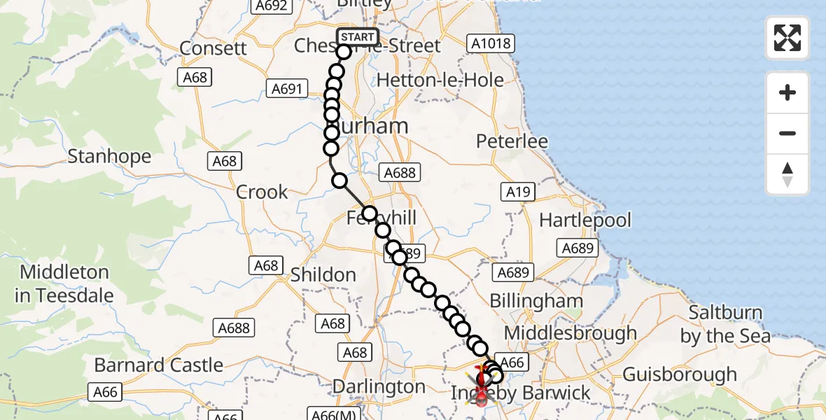 Flight route Air Ambulance Helicopter Chester-le-Street - Egglescliffe, 26 September 2026, 10:24