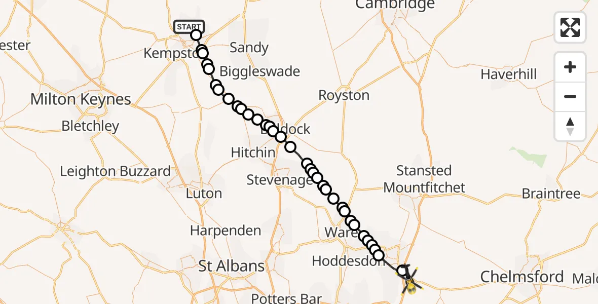 Flight route Police Helicopter Ravensden - North Weald Bassett, 26 September 2026, 10:31