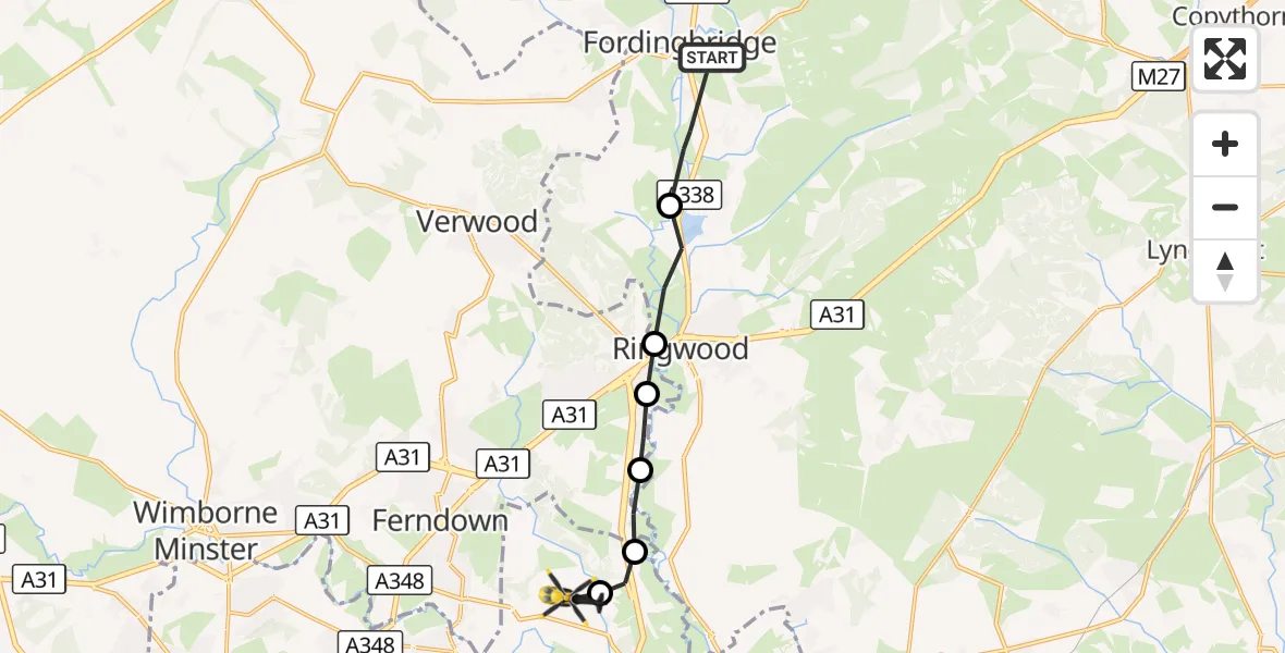 Flight route Police Helicopter Fordingbridge - Bournemouth Airport, 26 September 2026, 10:35