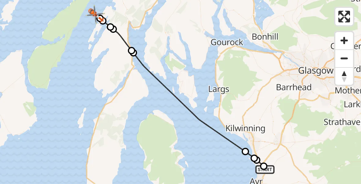 Flight route Coastguard Helicopter Glasgow Prestwick Airport - Inner Seas, 26 September 2026, 10:51