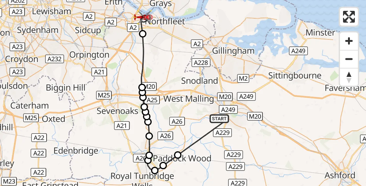 Flight route Air Ambulance Helicopter Maidstone - Dartford, 26 September 2026, 11:08