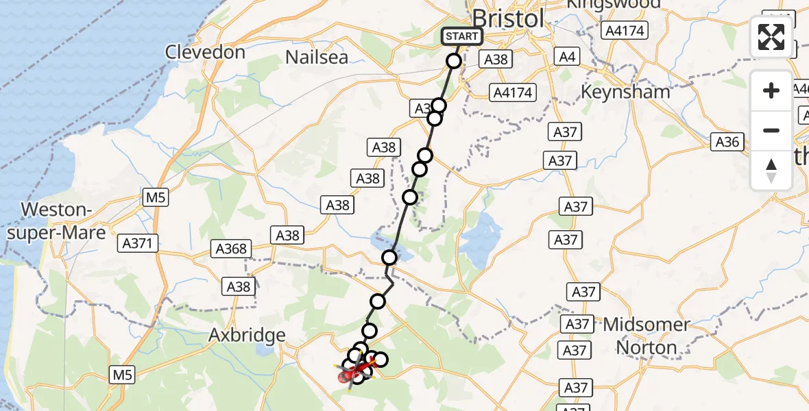 Flight route Air Ambulance Helicopter Leigh Woods - Cheddar, 26 September 2026, 11:39