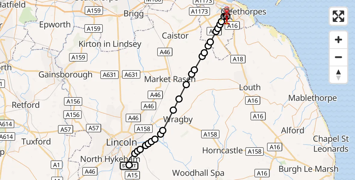 Flight route Air Ambulance Helicopter RAF Waddington - Grimsby Princess Diana Hospital, 26 September 2026, 11:48