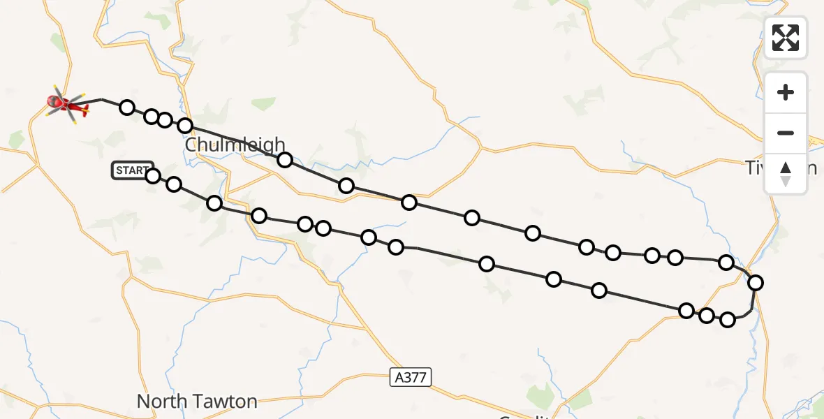 Flight route Air Ambulance Helicopter Ashreigney - Eaglescott Airfield, 26 September 2026, 11:54