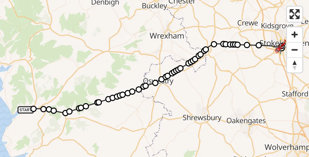 Flight route Air Ambulance Helicopter Penmaenpool - University Hospital North Staffs, 26 September 2026, 11:55