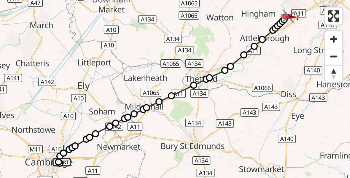 Flight route Air Ambulance Helicopter Cambridge City Airport - Wymondham, 26 September 2026, 12:00