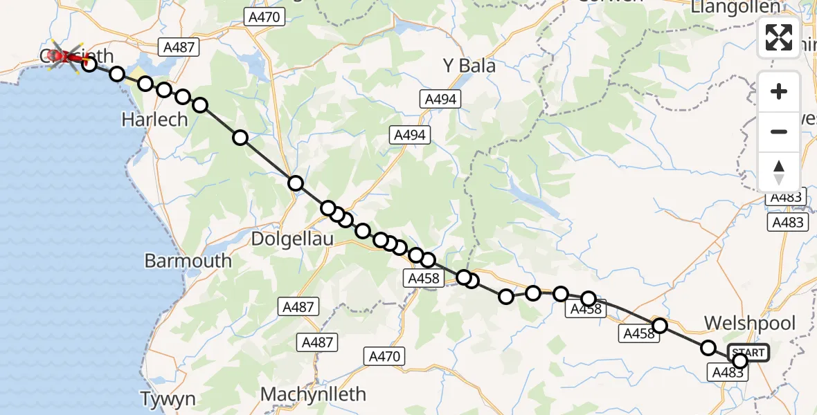Flight route Air Ambulance Helicopter Welshpool Airport - Criccieth, 26 September 2026, 12:20
