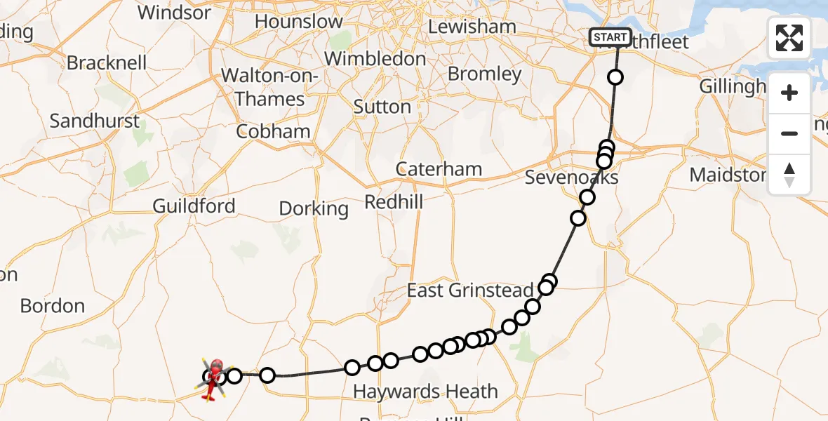 Flight route Air Ambulance Helicopter Dartford - Wisborough Green, 26 September 2026, 12:23