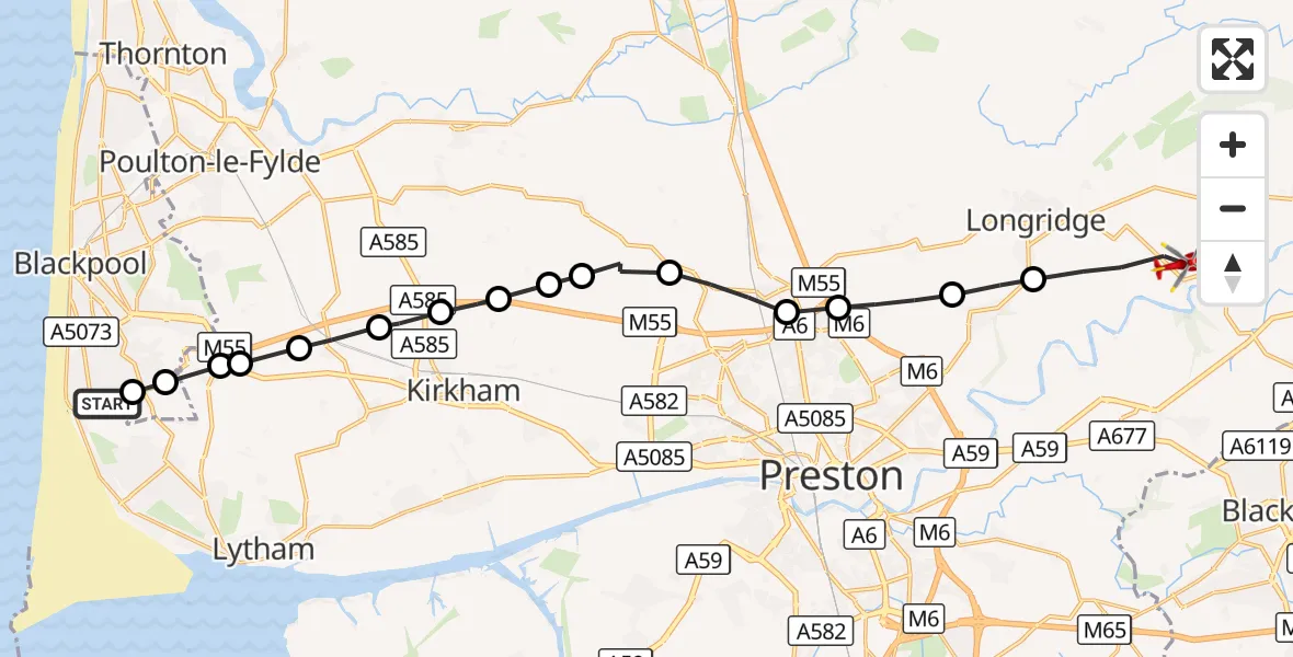Flight route Air Ambulance Helicopter Blackpool Airport - Ribchester, 26 September 2026, 12:27