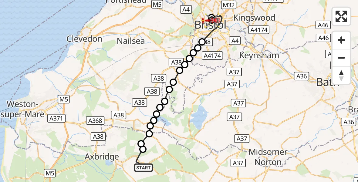 Flight route Air Ambulance Helicopter Cheddar - Bristol Royal Infirmary, 26 September 2026, 12:43