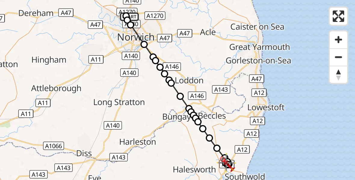 Flight route Air Ambulance Helicopter Norwich Airport - Wangford, 26 September 2026, 12:49