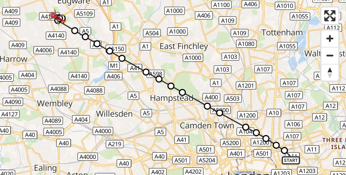 Flight route Air Ambulance Helicopter Royal London Hospital - Stanmore, 26 September 2026, 12:50