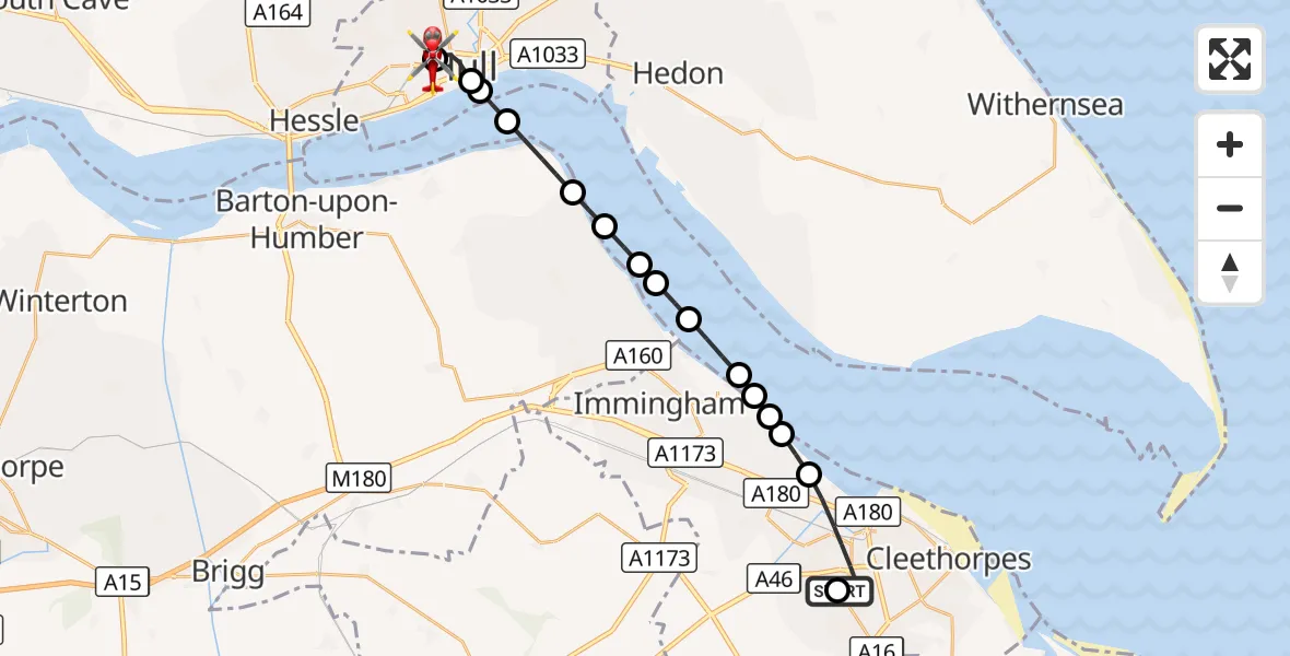 Flight route Air Ambulance Helicopter Grimsby Princess Diana Hospital - Hull Royal Infirmary, 26 September 2026, 12:55