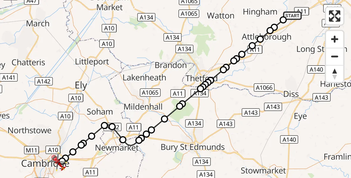 Flight route Air Ambulance Helicopter Wymondham - Cambridge City Airport, 26 September 2026, 13:00