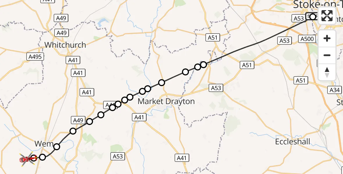 Flight route Air Ambulance Helicopter University Hospital North Staffs - Wem, 26 September 2026, 13:03