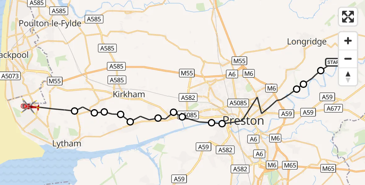Flight route Air Ambulance Helicopter Longridge - Blackpool Airport, 26 September 2026, 13:13