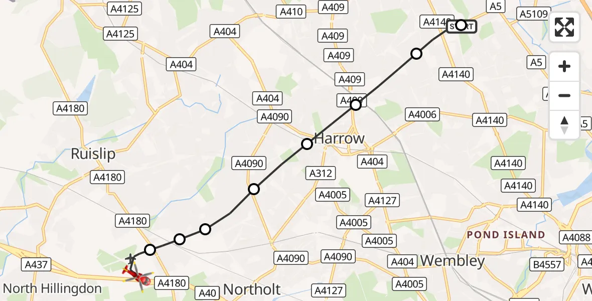 Flight route Air Ambulance Helicopter Stanmore - RAF Northolt, 26 September 2026, 13:15