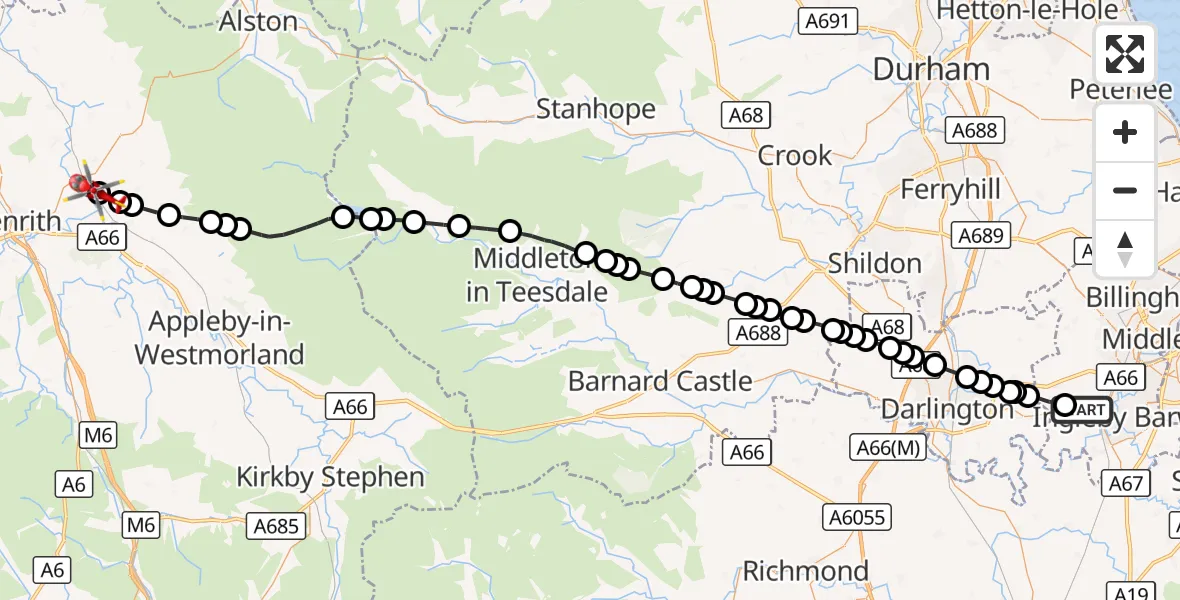 Flight route Air Ambulance Helicopter Egglescliffe - Langwathby, 26 September 2026, 13:19