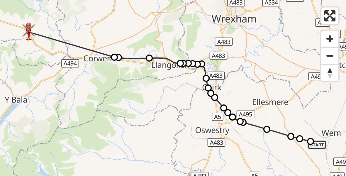 Flight route Air Ambulance Helicopter Sleap Airfield - Cerrigydrudion, 26 September 2026, 13:24