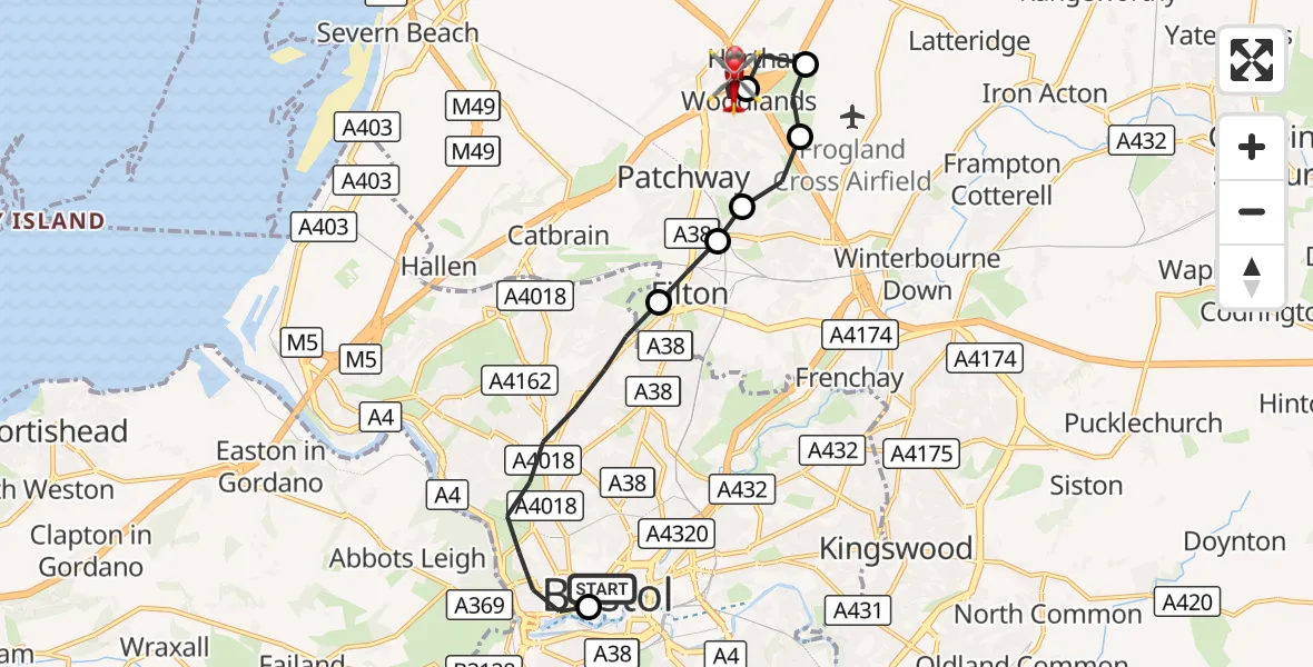 Flight route Air Ambulance Helicopter Bristol Children's Hospital - Almondsbury Helicopter Base, 26 September 2026, 13:29