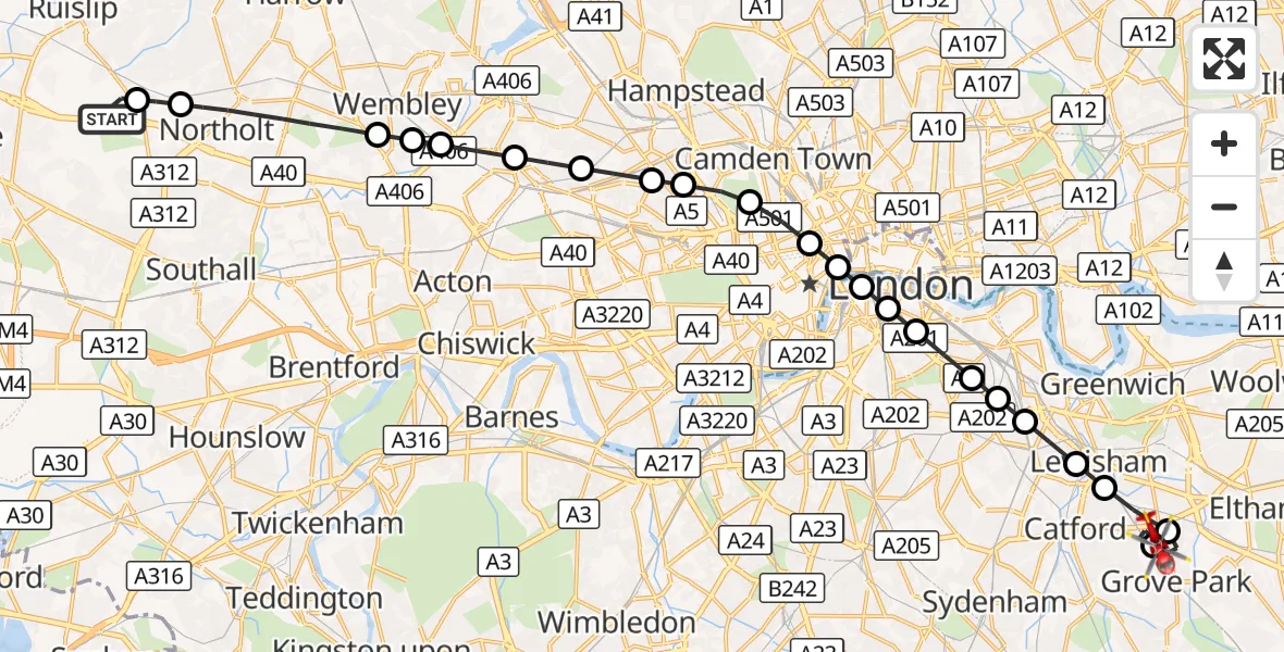 Flight route Air Ambulance Helicopter RAF Northolt - Catford South, 26 September 2026, 13:38