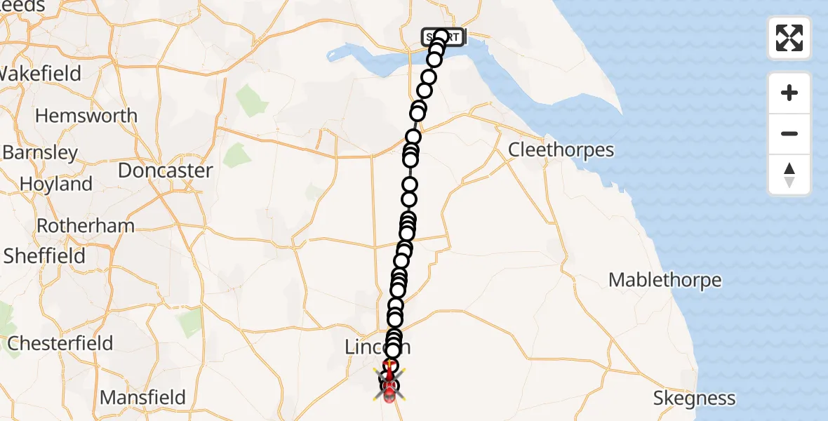 Flight route Air Ambulance Helicopter Hull Royal Infirmary - North Kesteven, 26 September 2026, 13:48