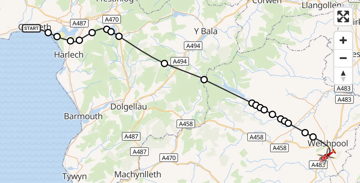 Flight route Air Ambulance Helicopter Criccieth - Welshpool Airport, 26 September 2026, 13:50