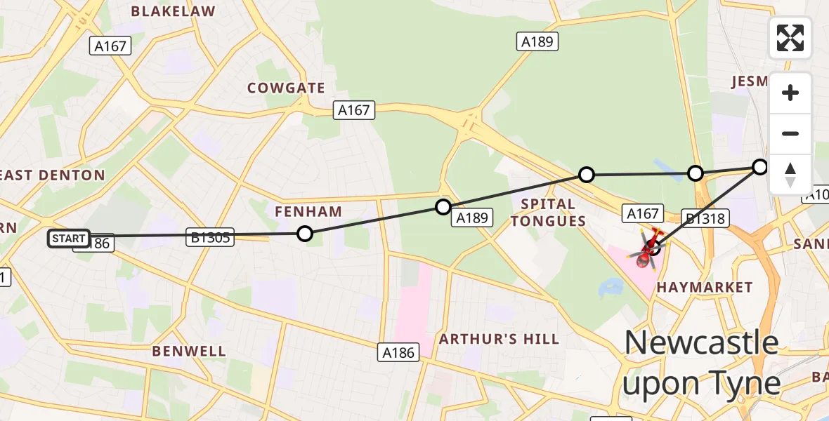 Flight route Air Ambulance Helicopter Cowgate - Newcastle Royal Victoria Infirmary, 26 September 2026, 13:51