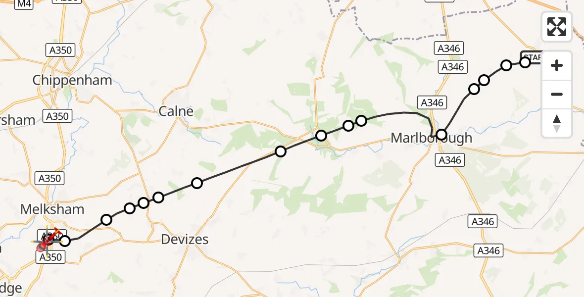 Flight route Air Ambulance Helicopter Aldbourne - Wiltshire Air Ambulance, 26 September 2026, 13:57