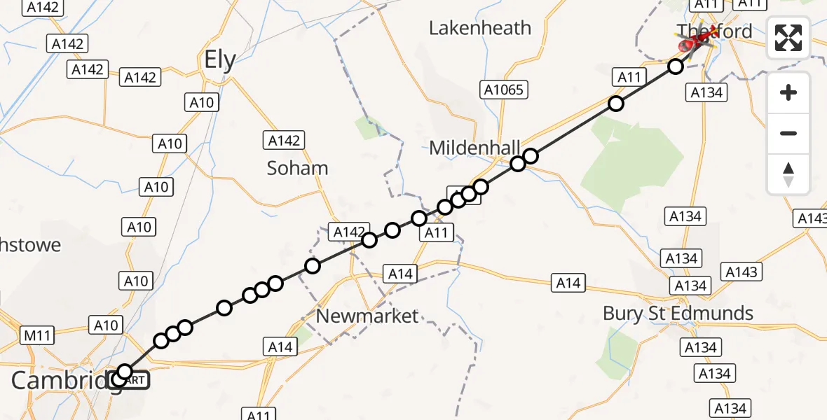 Flight route Air Ambulance Helicopter Cambridge City Airport - Thetford, 26 September 2026, 14:04